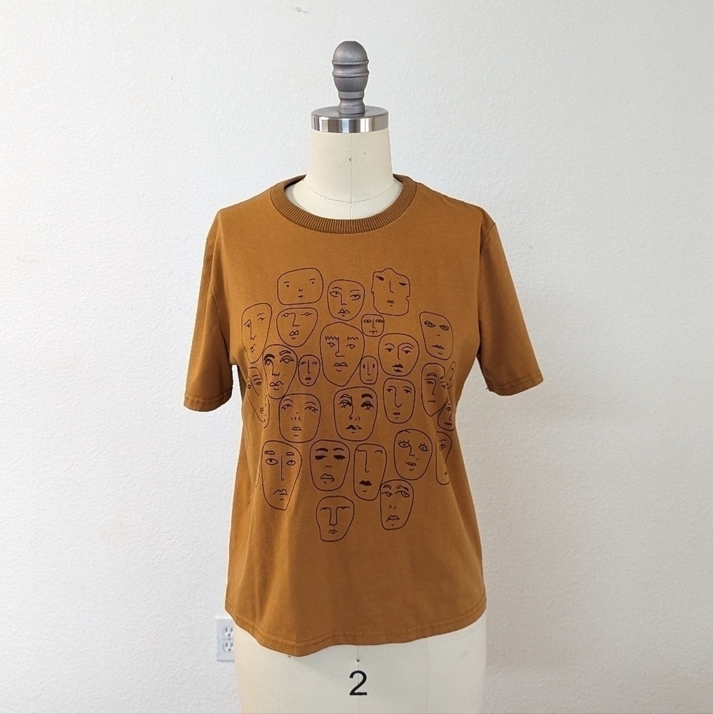 Face Portrait Printed Short Sleeve T Shirt Brown XS/S hipster artsy casual